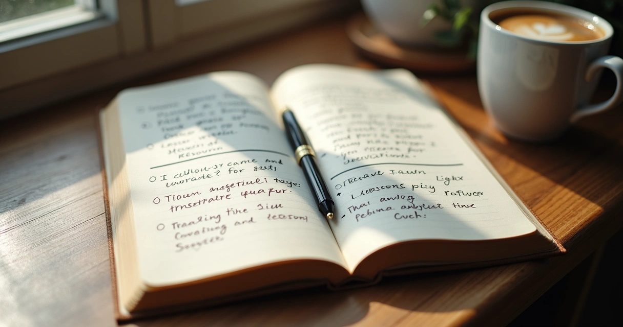 Caderno com anotações sobre erros e aprendizado em mesa de madeira 