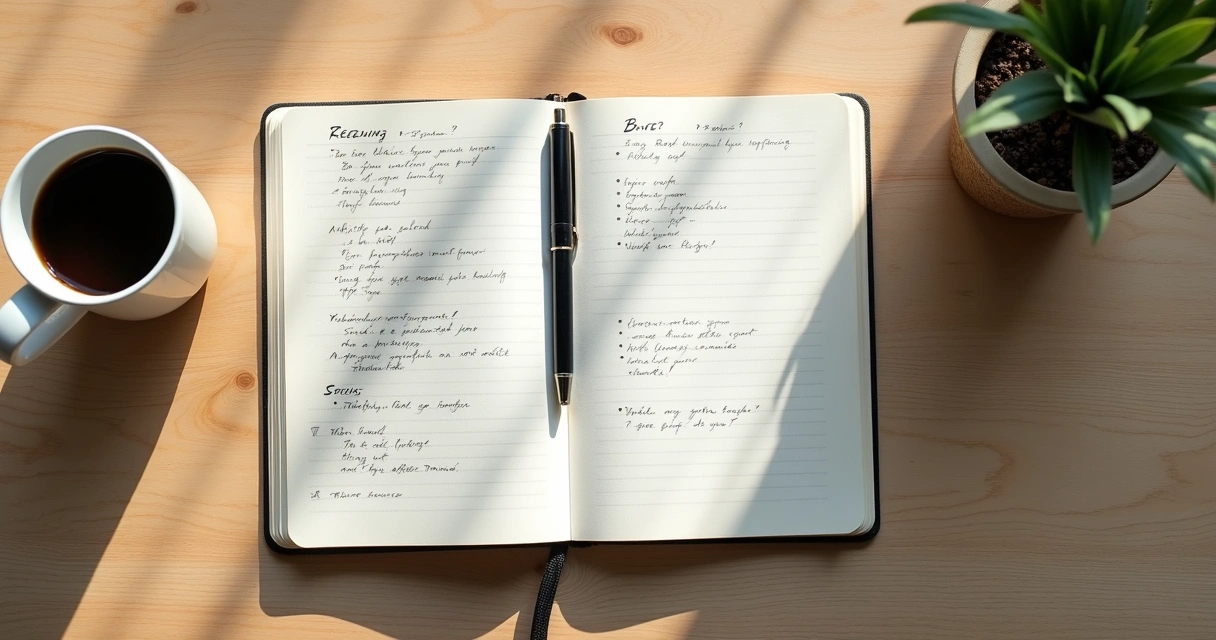 Caderno com anotações sobre decisões e xícara de café 