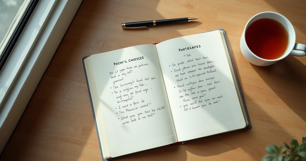 Caderno aberto com perguntas de reflexão e uma xícara ao lado 