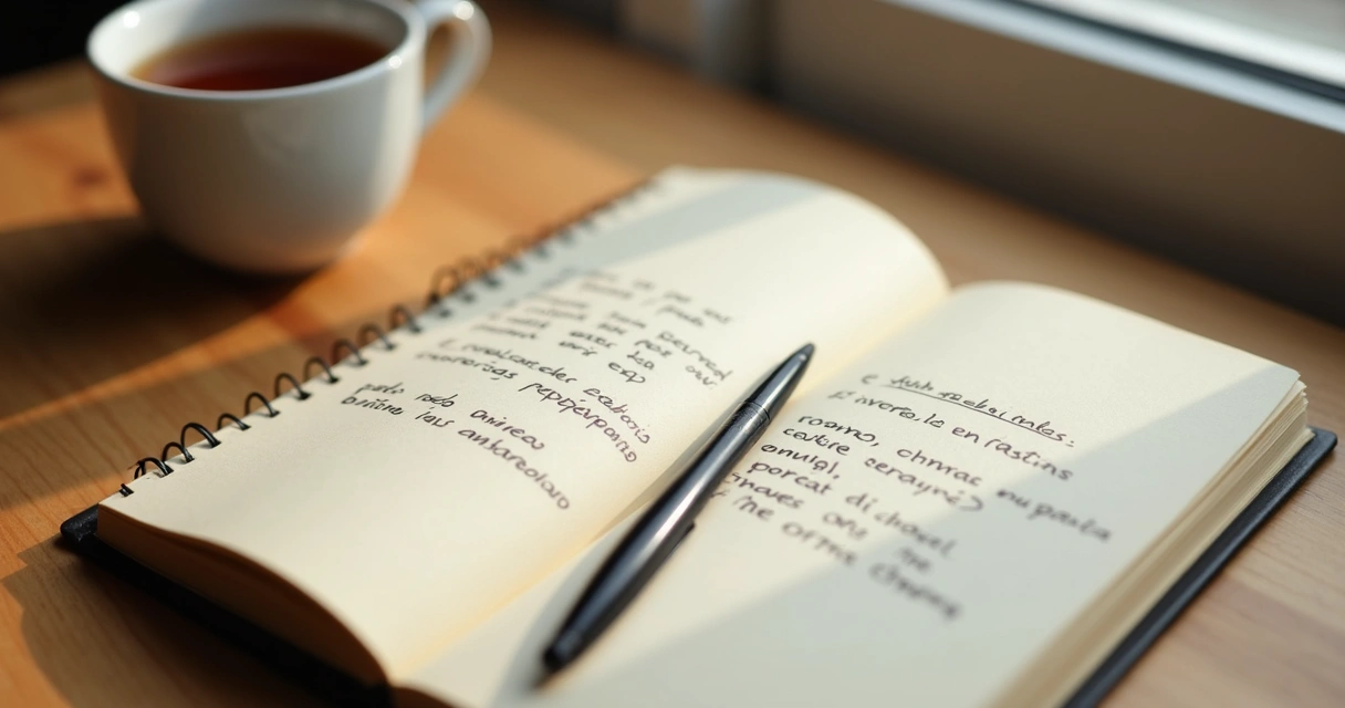 Caderno aberto com anotações de reflexão espiritual 
