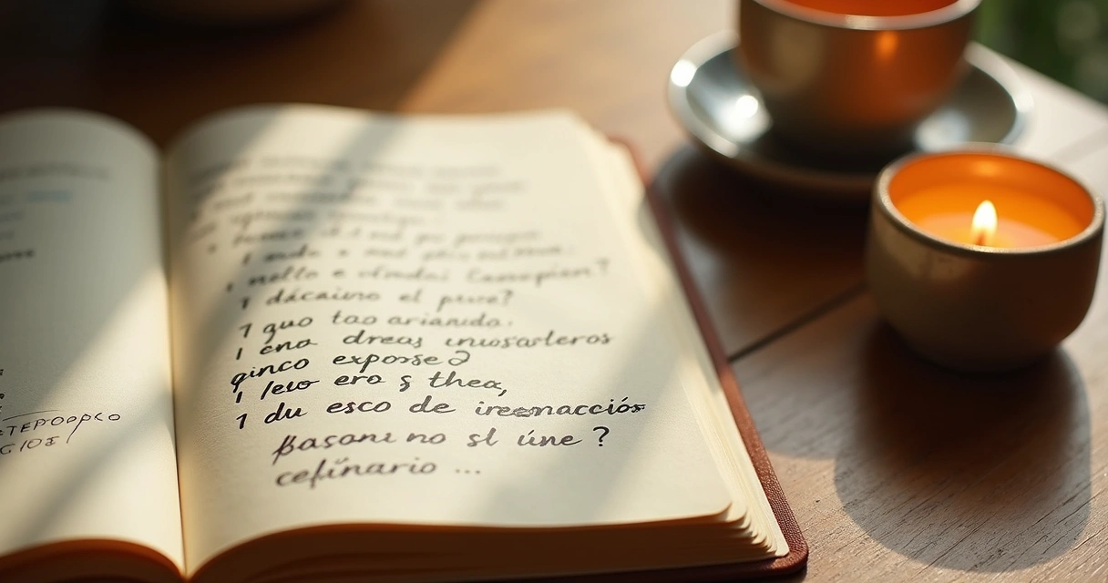 Caderno aberto com perguntas de reflexão ao lado de uma vela acesa 