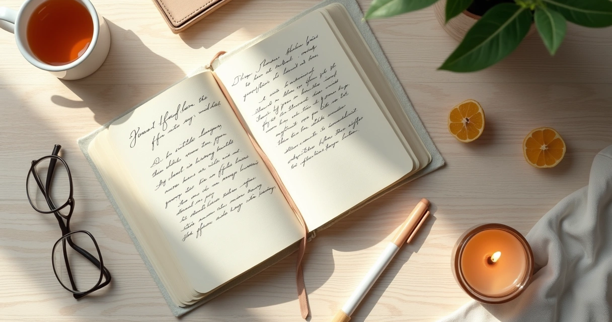 Caderno aberto com chá e vela sobre mesa clara
