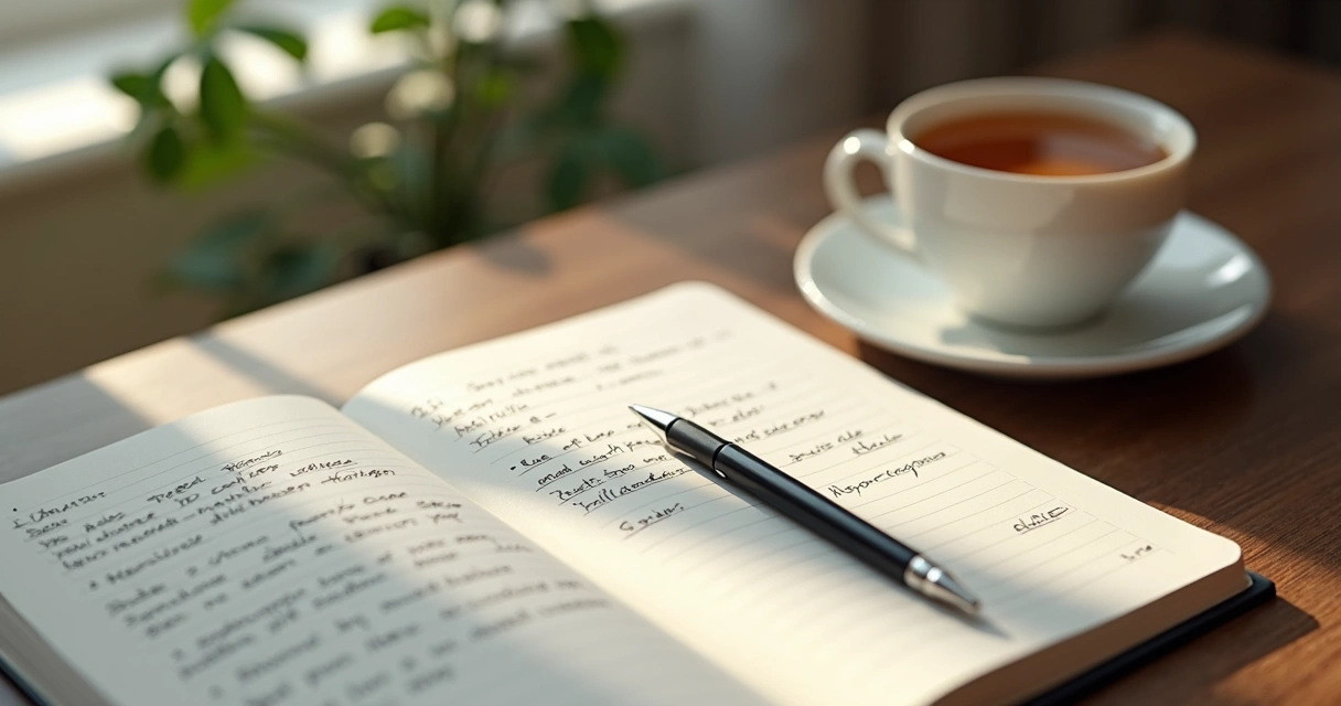 Caderno com anotações ao lado de xícara e luz suave 