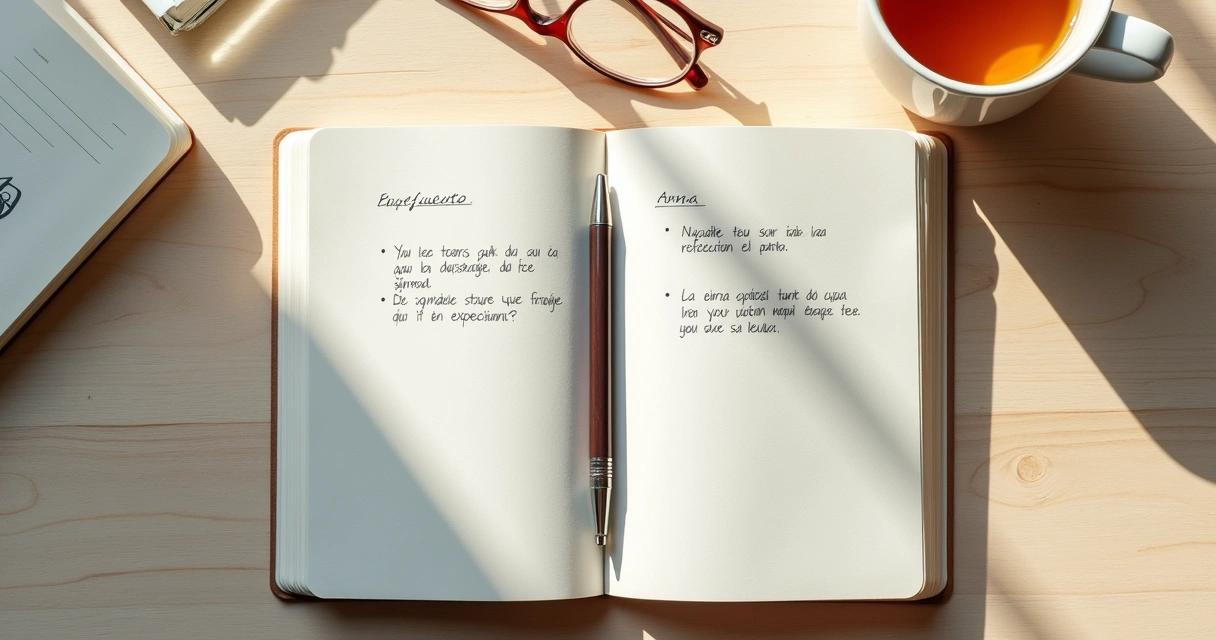 Caderno aberto com anotações e xícara de chá em mesa clara