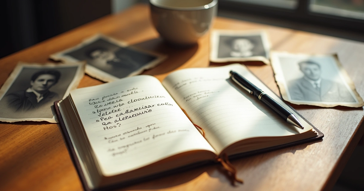 Caderno aberto com perguntas de reflexão e fotos de família ao lado
