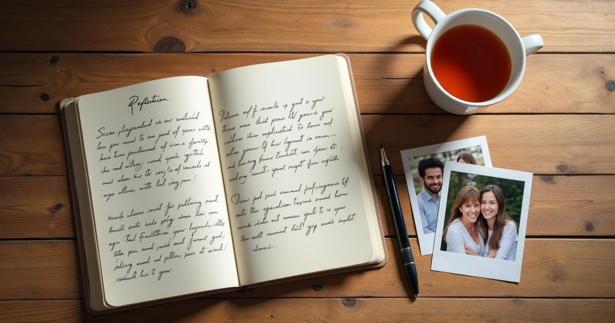 Caderno aberto com anotações e fotos de família 