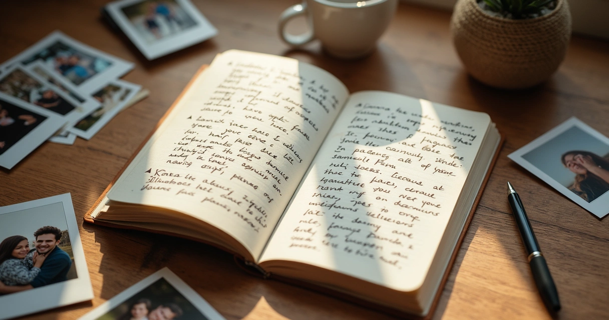 Caderno aberto com anotações ao lado de fotos de família