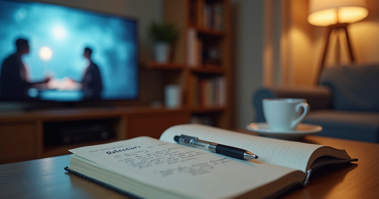 Caderno aberto com anotações ao lado de televisão