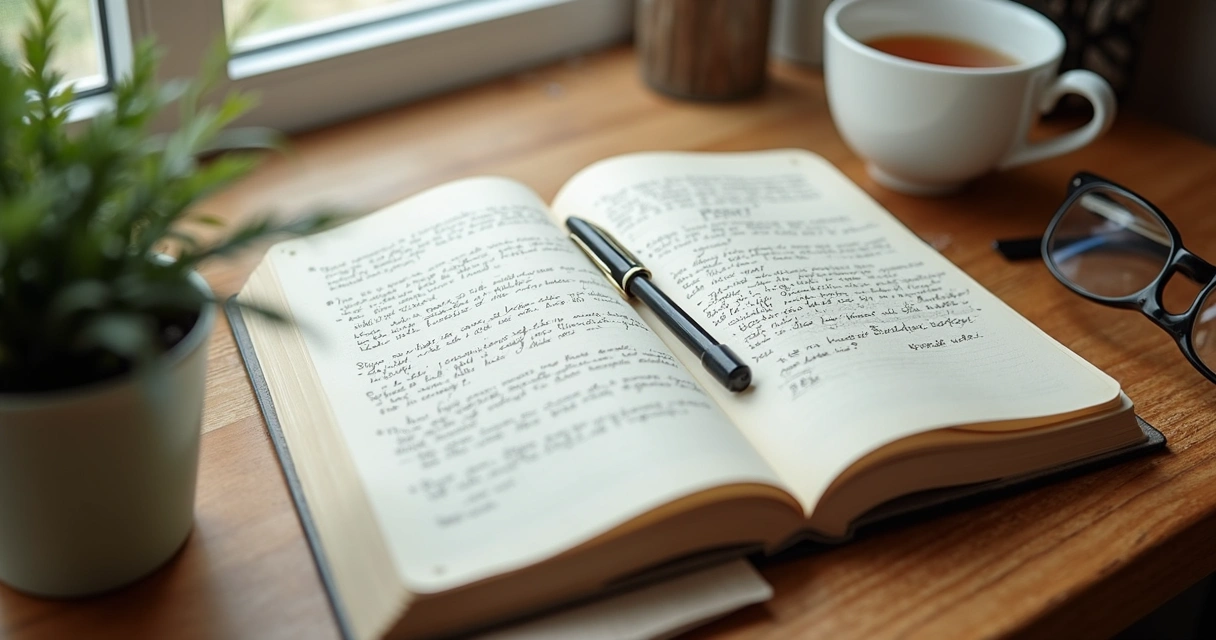 Caderno aberto com anotações e xícara ao lado