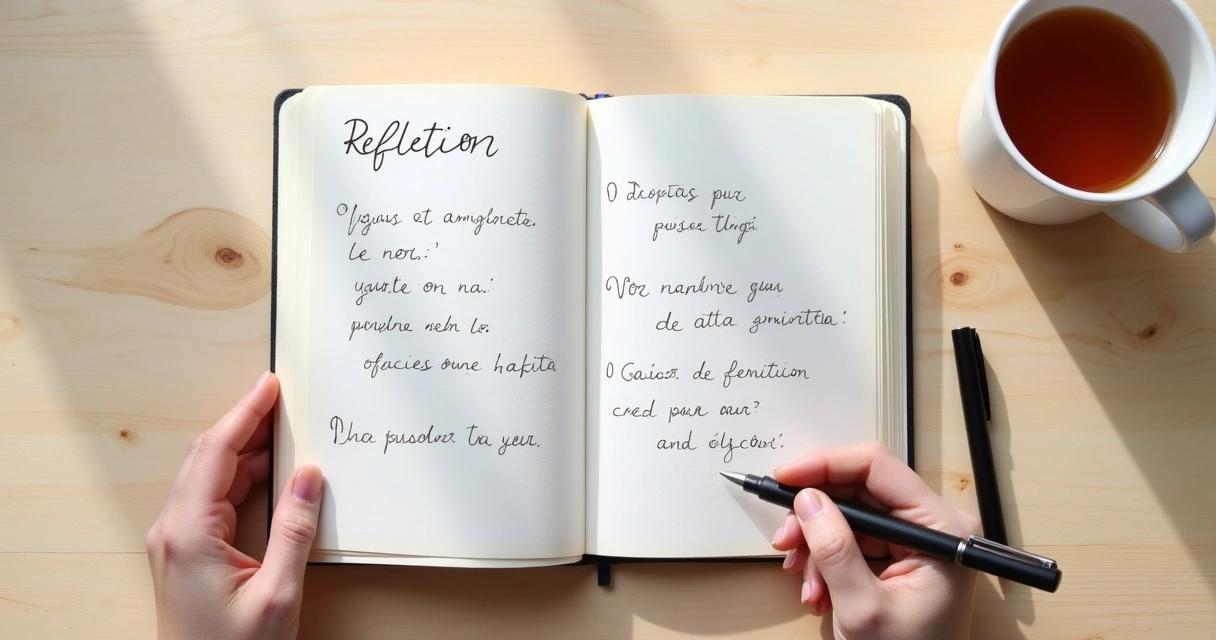 Caderno aberto com perguntas de reflexão e xícara sobre mesa clara 