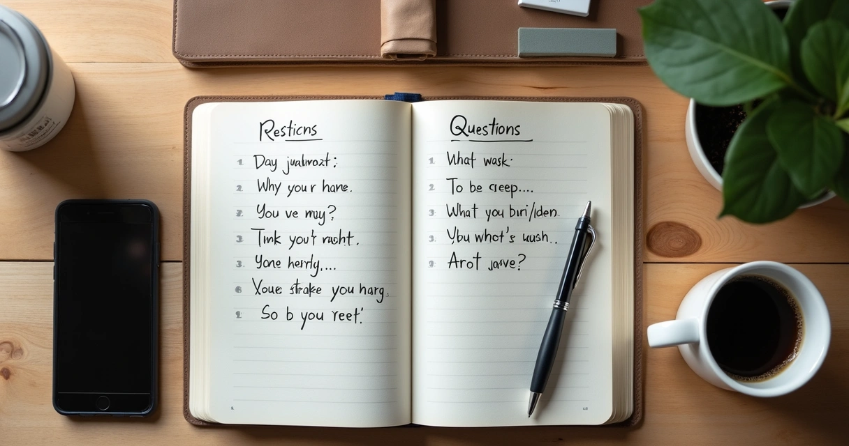 Caderno com perguntas de reflexão ao lado de café e celular 