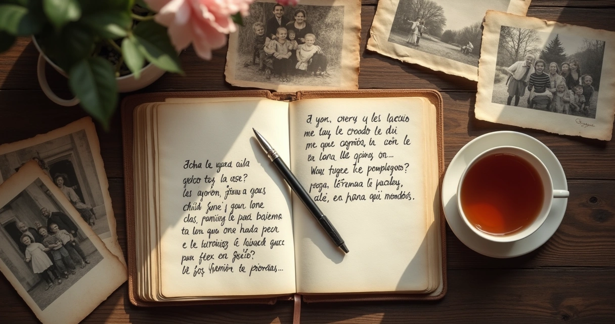 Caderno aberto com perguntas e fotos antigas sobre a mesa