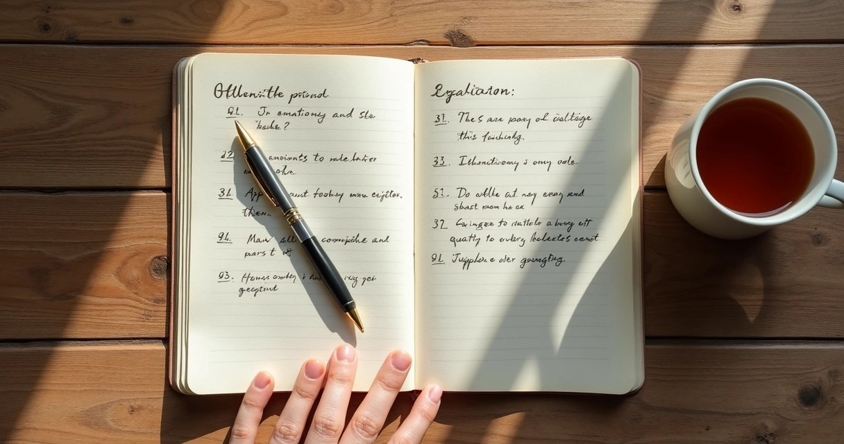 Caderno aberto com anotações de reflexão e uma xícara ao lado