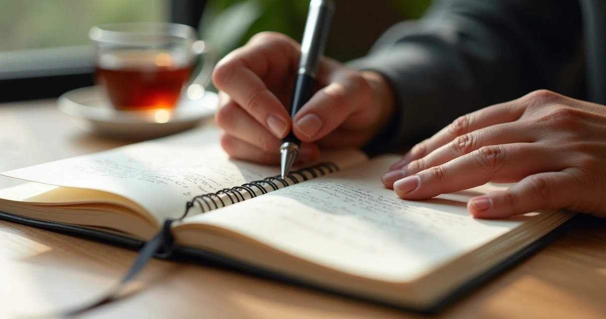 Caderno aberto com anotações e mãos em pausa para reflexão