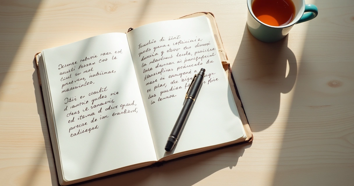 Caderno aberto com anotações e xícara sobre mesa clara 