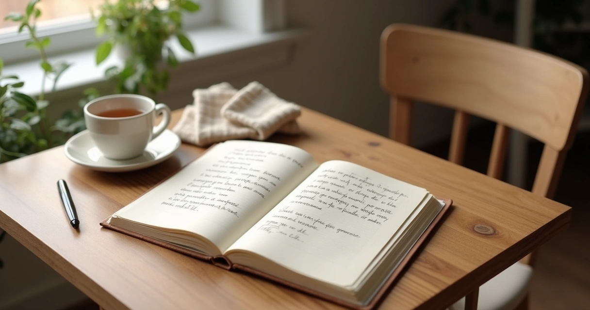 Caderno aberto com anotações e chá ao lado 