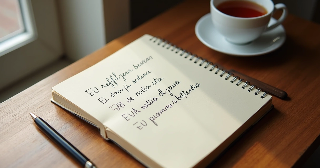 Caderno aberto com anotações de reflexão e xícara ao lado 