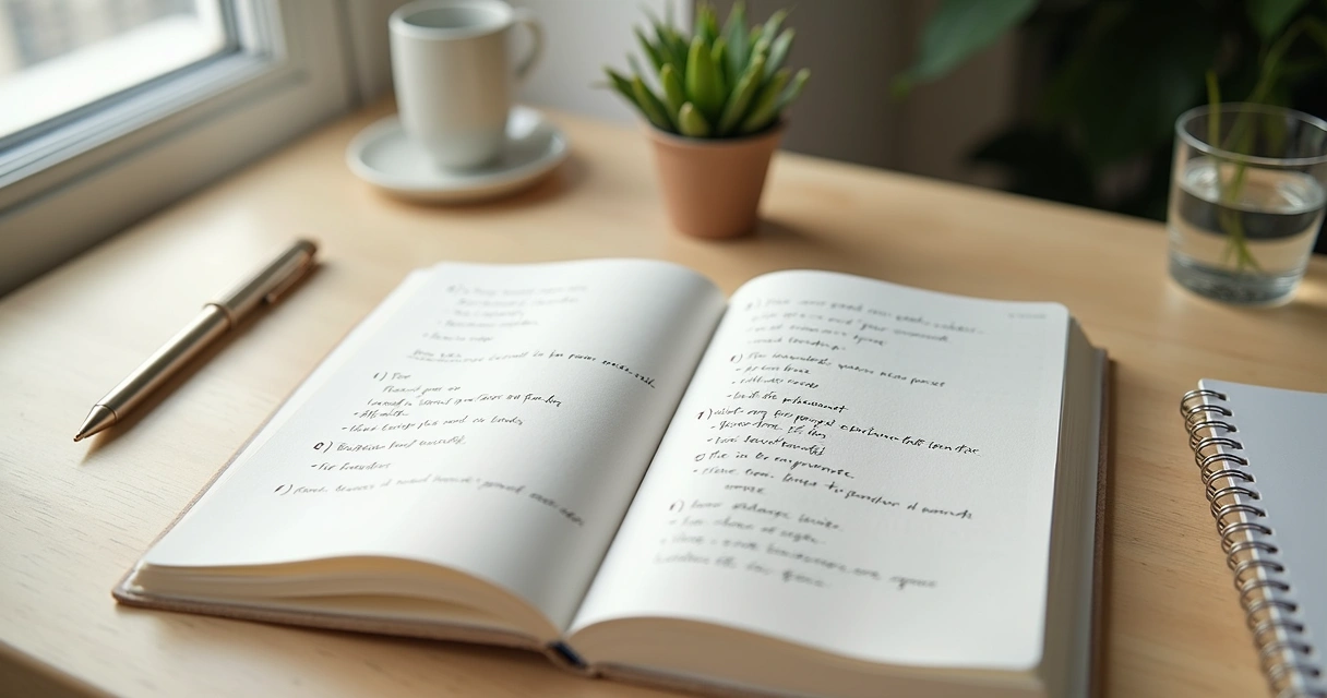 Caderno aberto com anotações de metas e reflexão pessoal em mesa clara