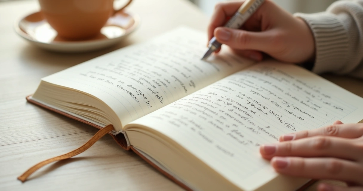 Caderno aberto com anotações e mãos em momento de reflexão 