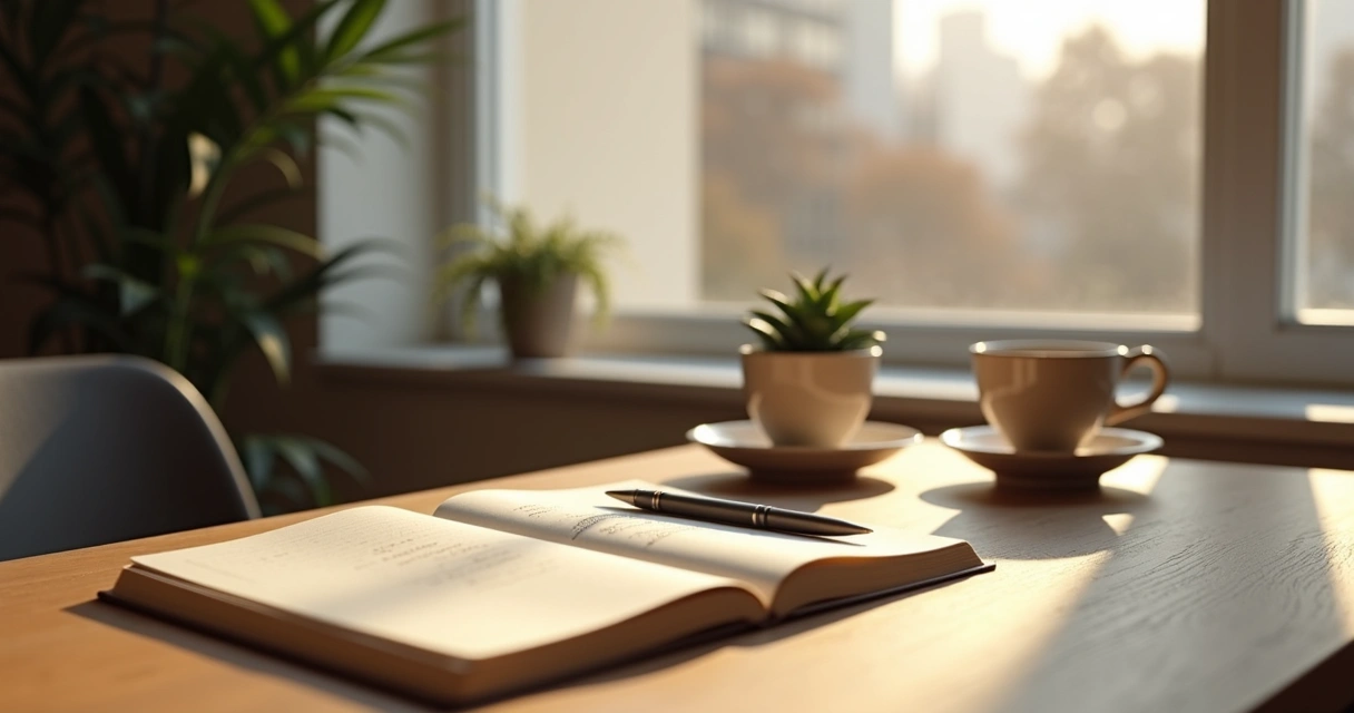Caderno aberto perto de janela com luz suave 