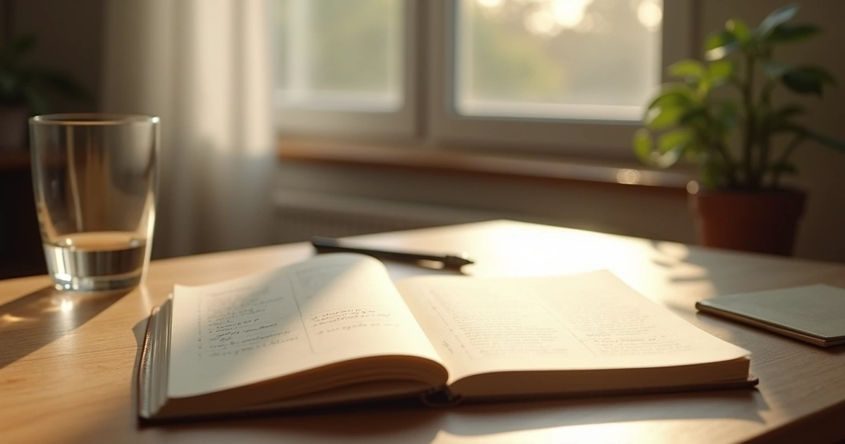 Caderno de reflexão ao lado de uma janela com luz suave 