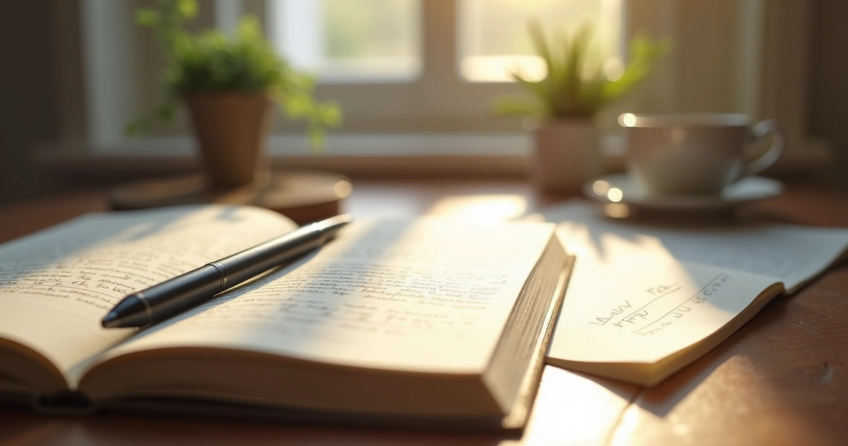 Caderno aberto com anotações ao lado de uma janela iluminada