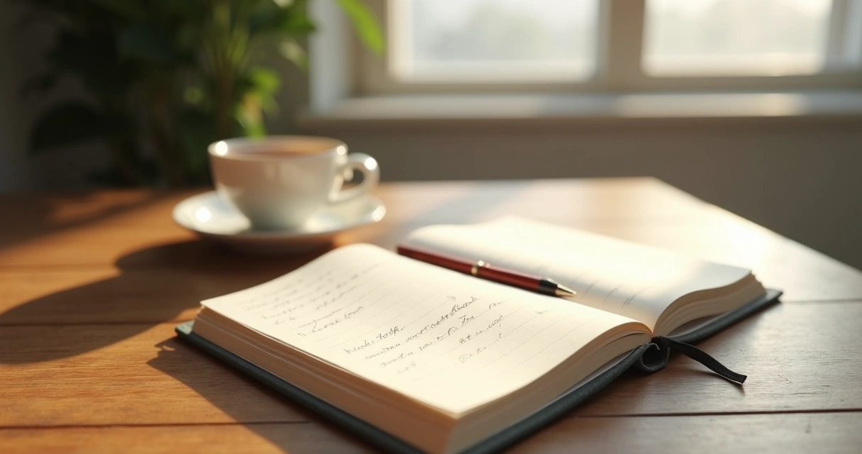 Caderno aberto ao lado de uma janela com luz suave
