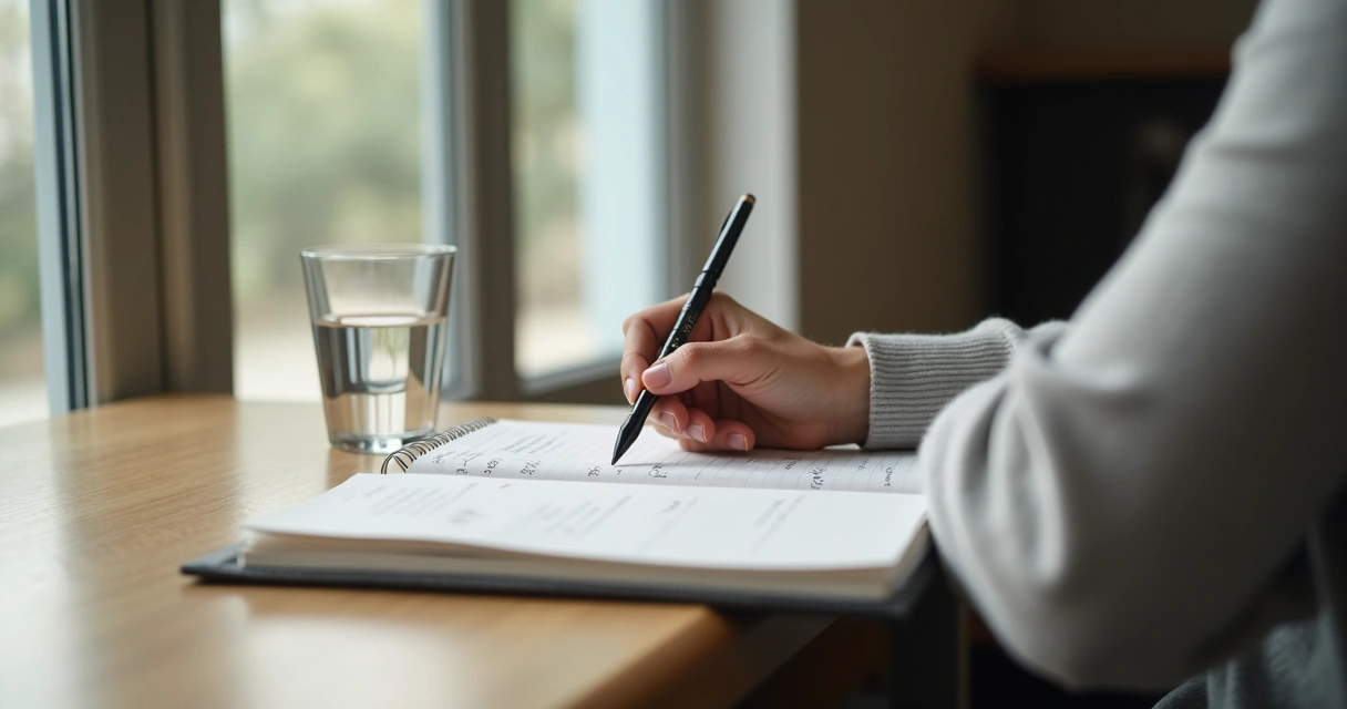 Caderno aberto perto da janela com pessoa refletindo 