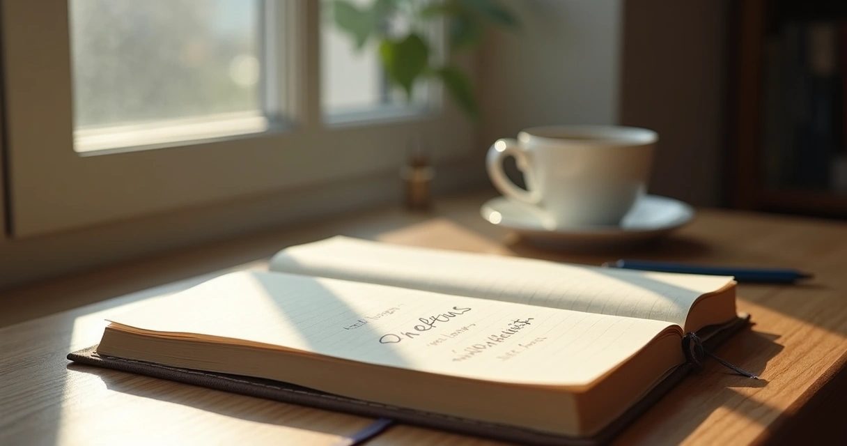 Caderno aberto com anotações ao lado de uma janela com luz suave