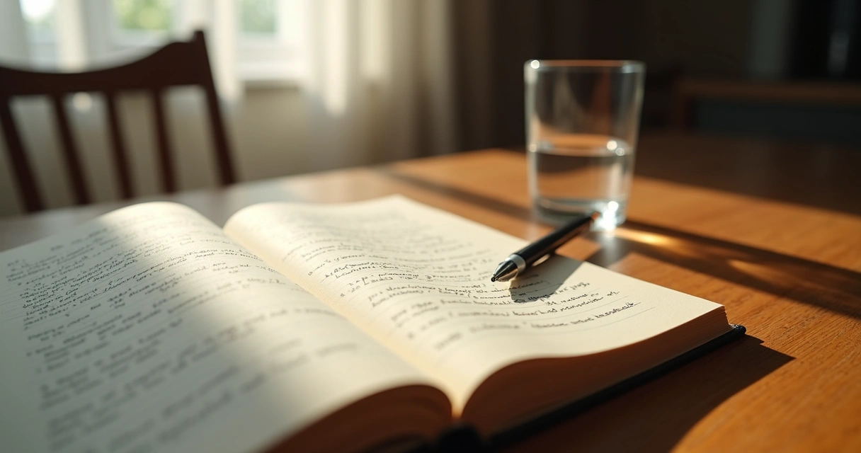 Caderno aberto com anotações ao lado de janela com luz suave