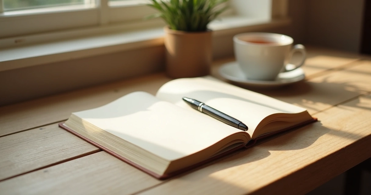 Caderno aberto ao lado de uma janela com luz suave 