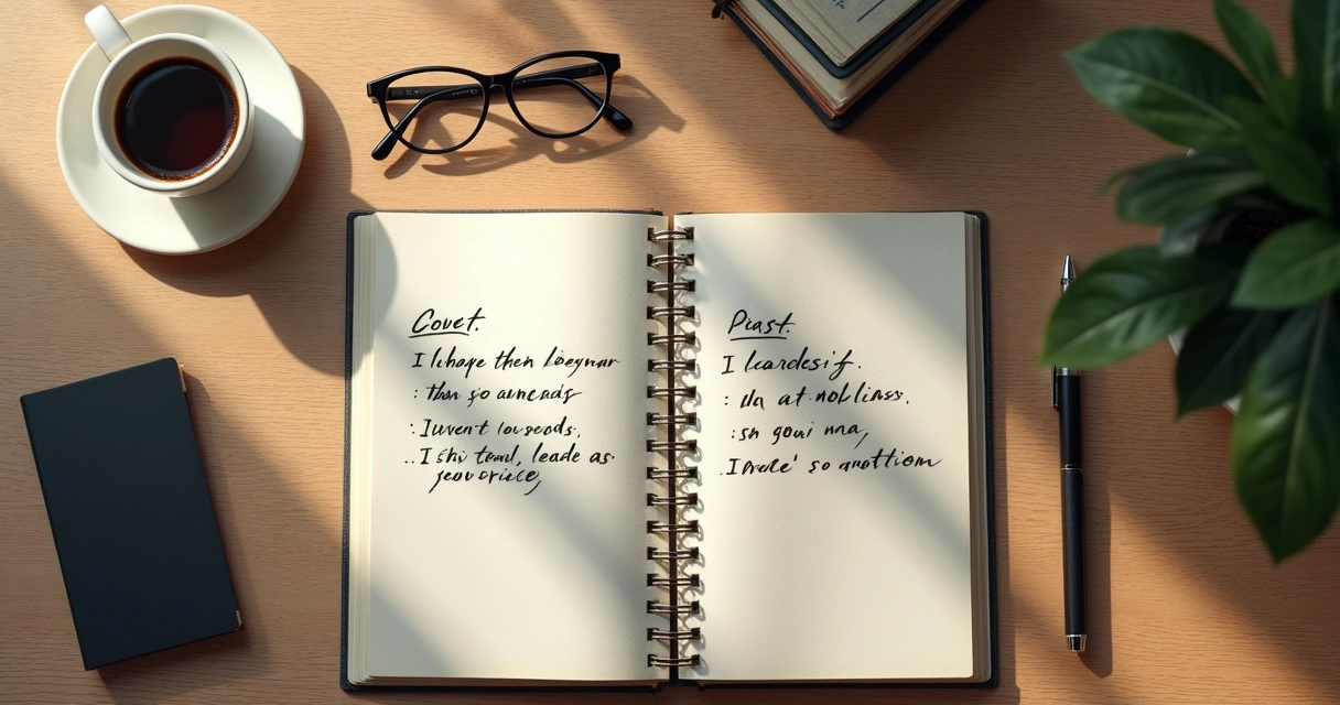 Caderno aberto com anotações e café em mesa de trabalho