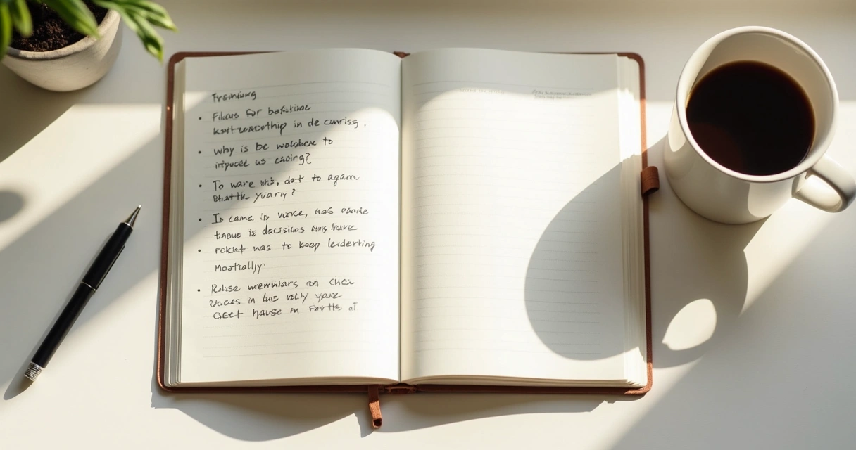 Caderno aberto com anotações de reflexão e xícara de café