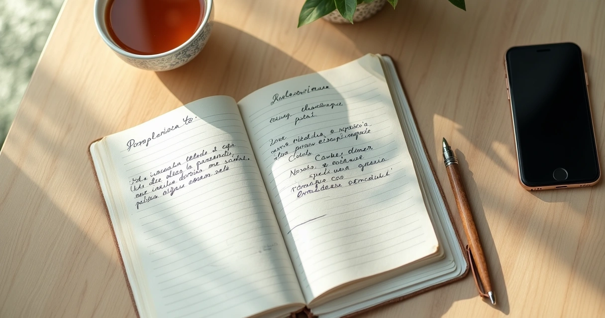 Caderno aberto com anotações sobre limites e autocuidado sobre mesa clara 