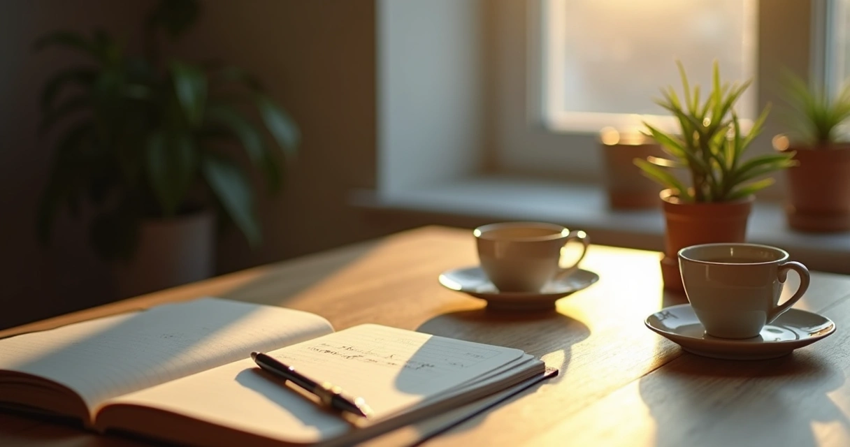 Caderno aberto com anotações ao lado de uma xícara e janela iluminada 