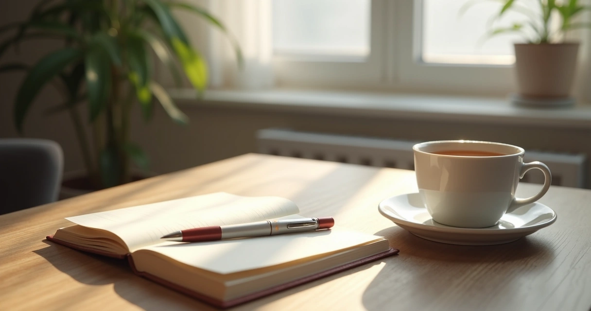 Caderno aberto com xícara e luz suave em ambiente de reflexão