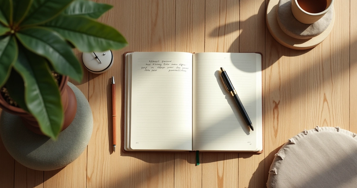 Caderno aberto com anotações ao lado de almofada de meditação