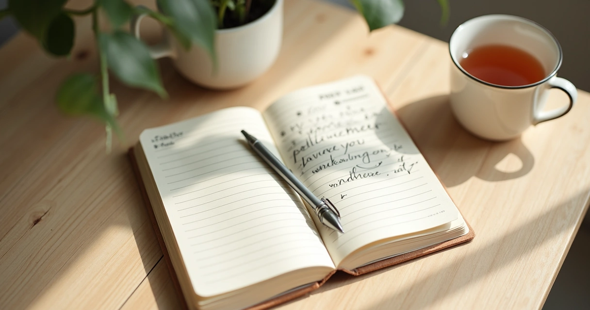 Caderno aberto com anotações e chá sobre mesa clara