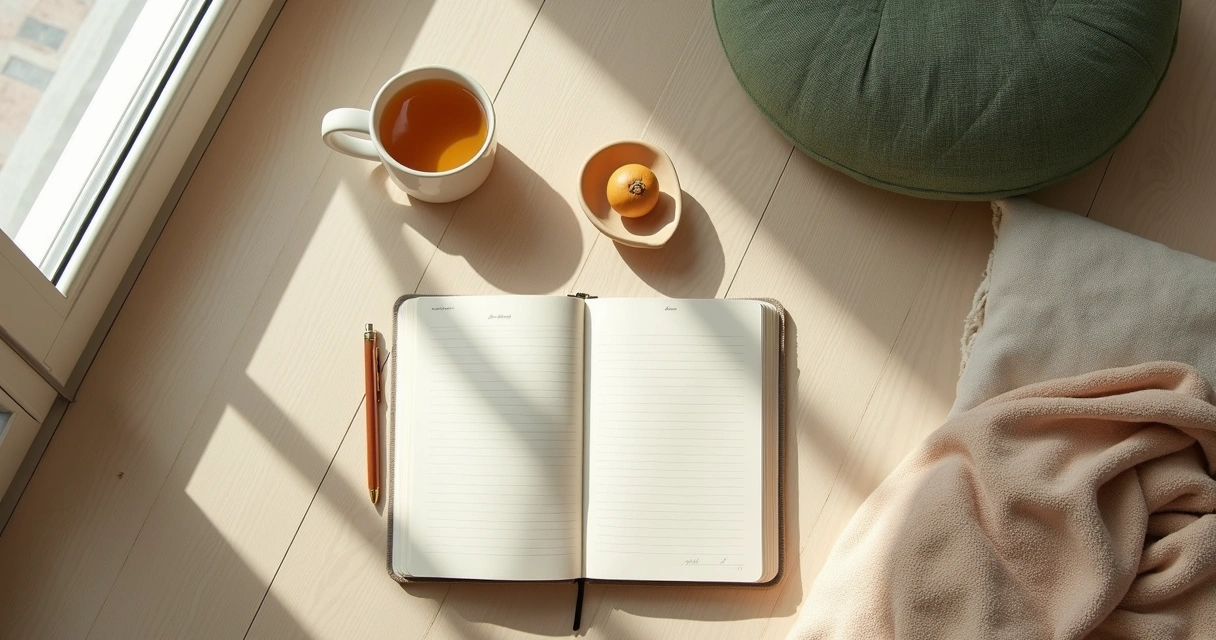 Caderno aberto ao lado de almofada de meditação e chá