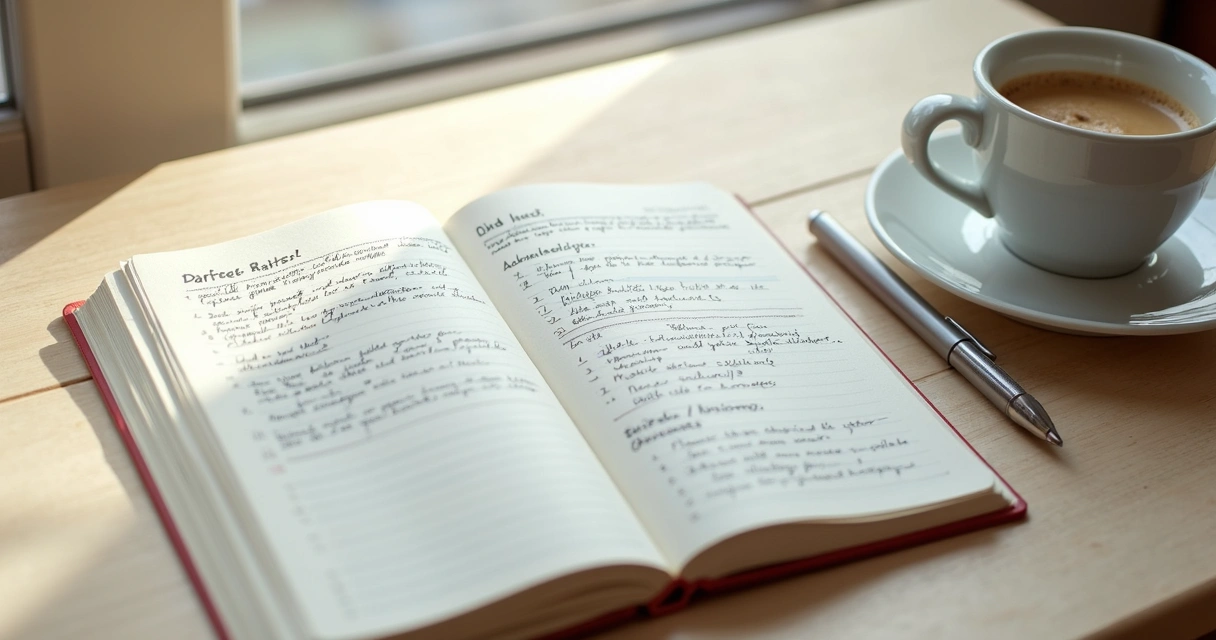Caderno aberto com anotações sobre metas e medos em uma mesa clara