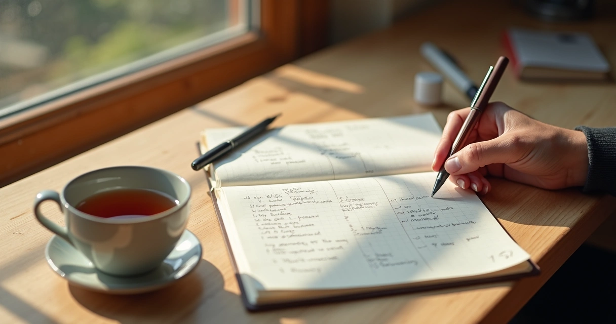 Caderno com anotações e pessoa refletindo à mesa