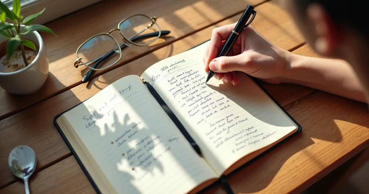 Pessoa escrevendo em um caderno de reflexão em uma mesa de madeira 