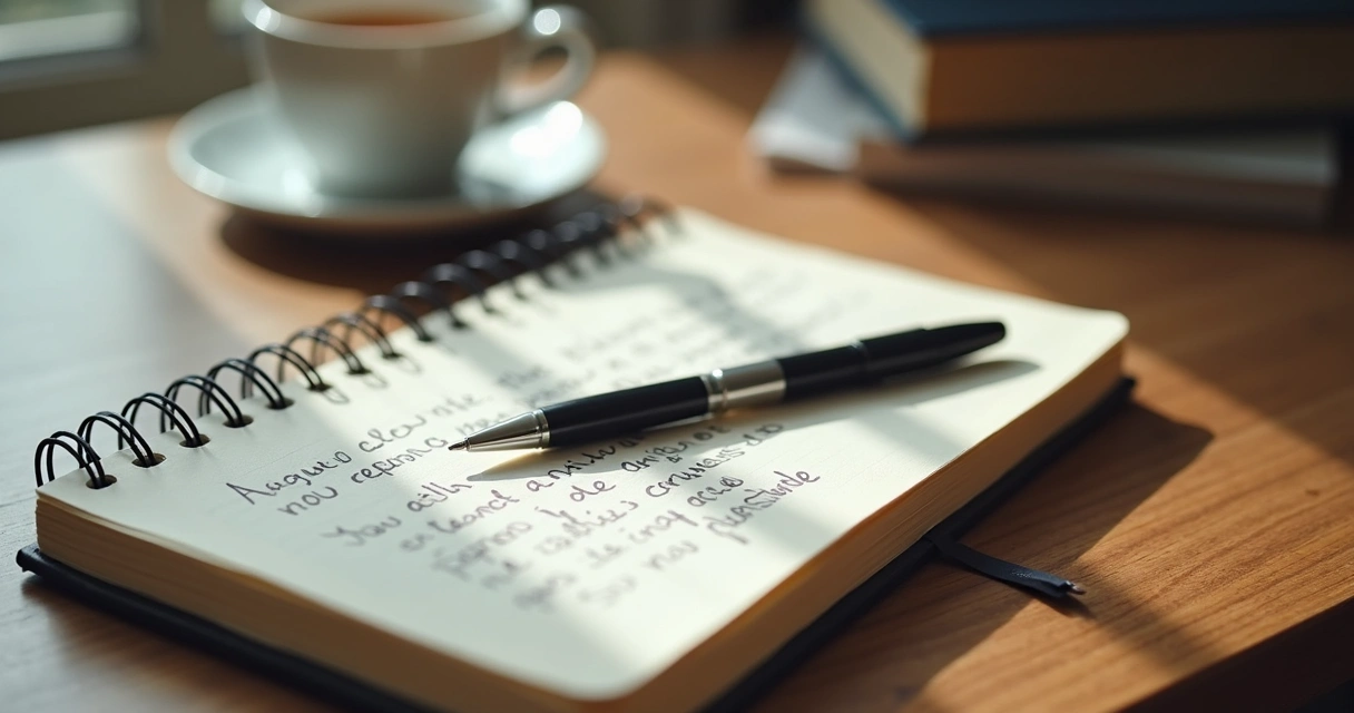 Caderno aberto com anotações e caneta sobre mesa de madeira 