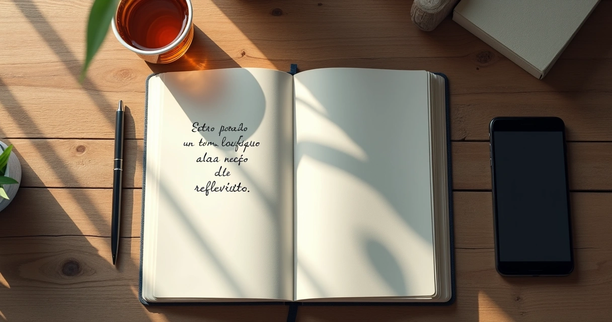 Caderno aberto com anotações reflexivas sobre uma mesa