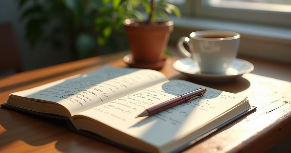 Caderno aberto e caneta sobre uma mesa de madeira 