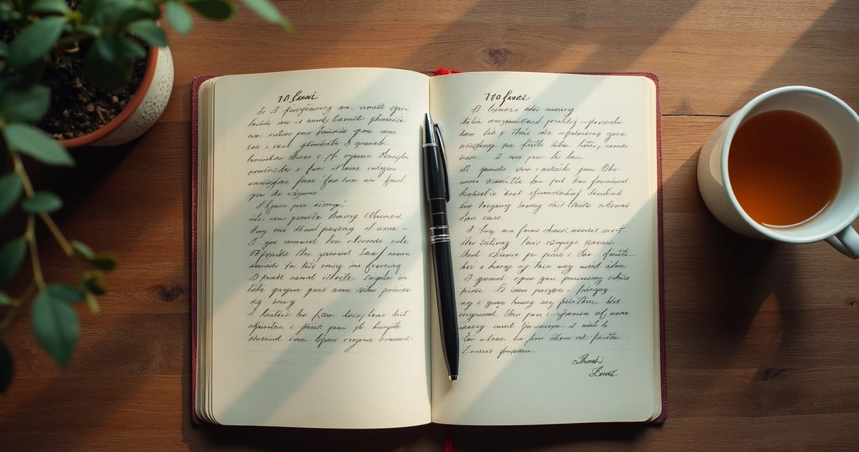 Caderno aberto com anotações ao lado de chá e luz suave 