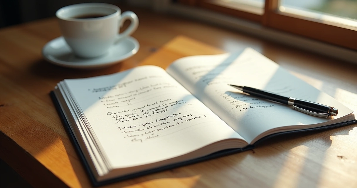 Caderno aberto sobre mesa de madeira com anotações de metas e críticas