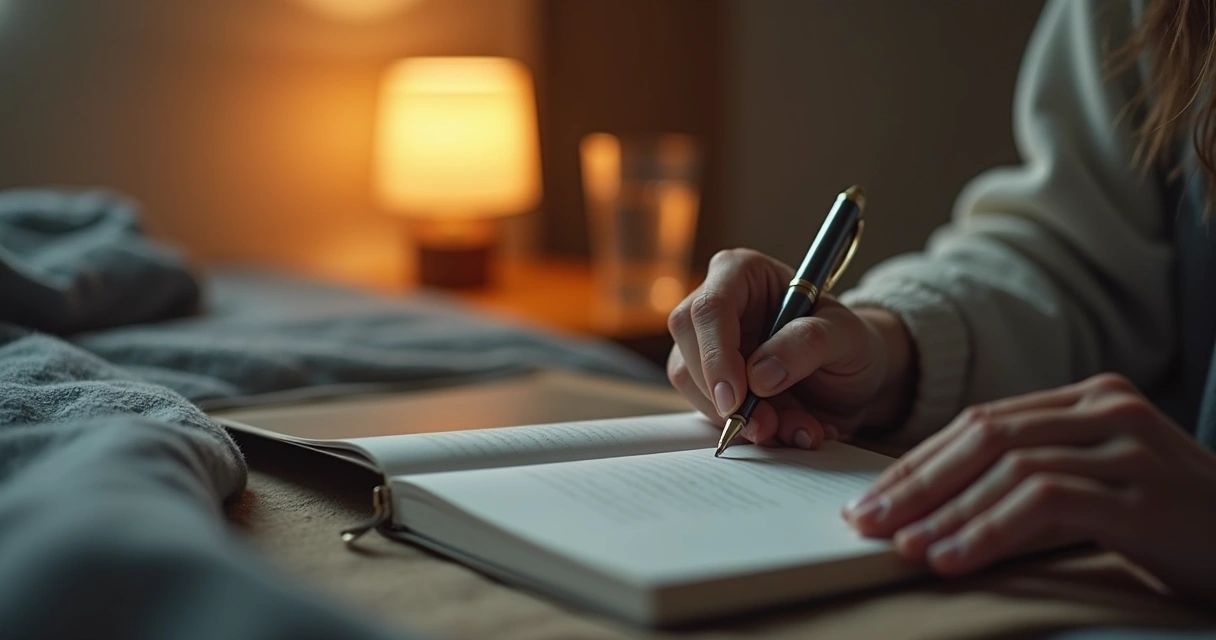 Mãos escrevendo em caderno ao lado de uma luz suave 