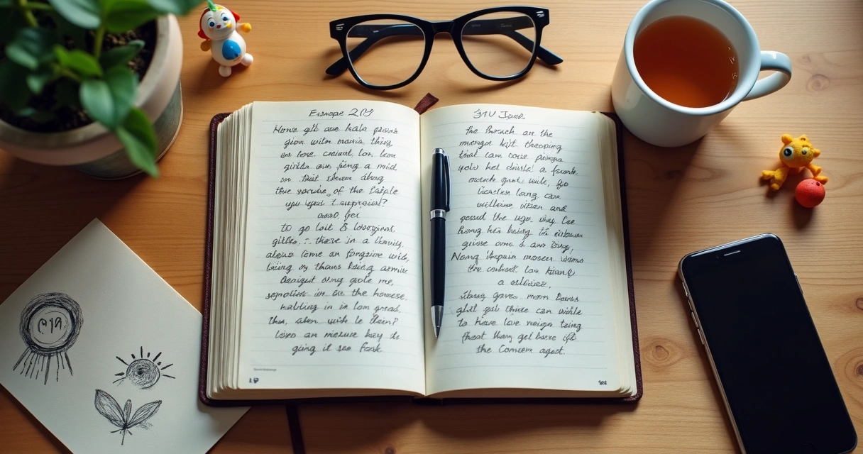 Caderno com anotações emocionais sobre uma mesa com objetos de rotina familiar 
