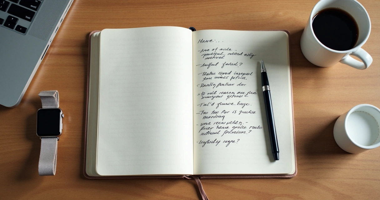 Caderno aberto com anotações e xícara em momento de reflexão 